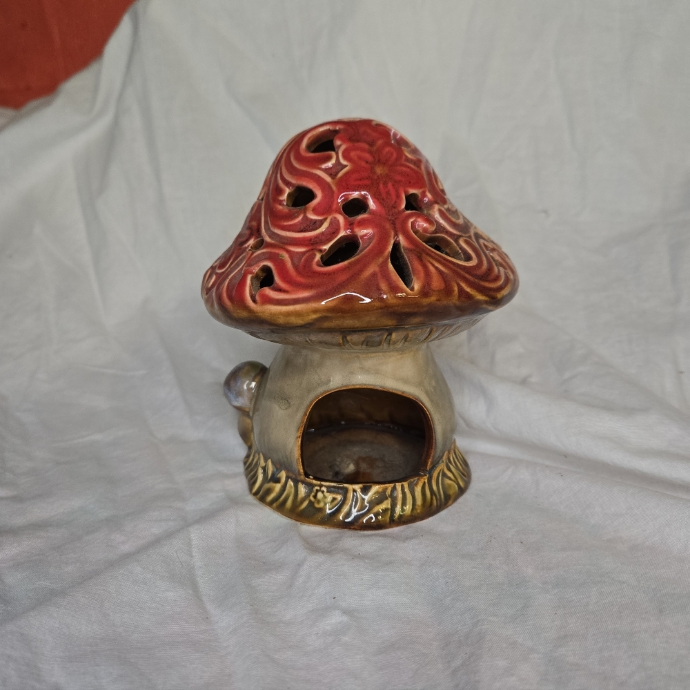 Ceramic Mushroom Tealight Candle Holder 7 Tall Cottage Core Decor Red